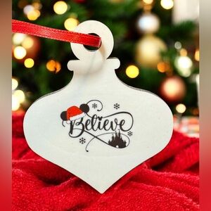 Believe Arabesque Shaped White Wooden Christmas Ornament New